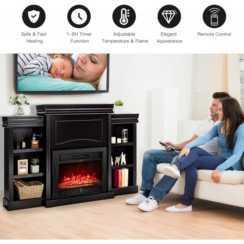  Tangkula 70 Mantel Fireplace, 750W/1500W Electric Fireplace w/ Mantel & Built-in Bookshelves, 28.5-Inch Electric Fireplace w/ Remote Control, 1-8H Timer, Adjustable Flame Brightnes