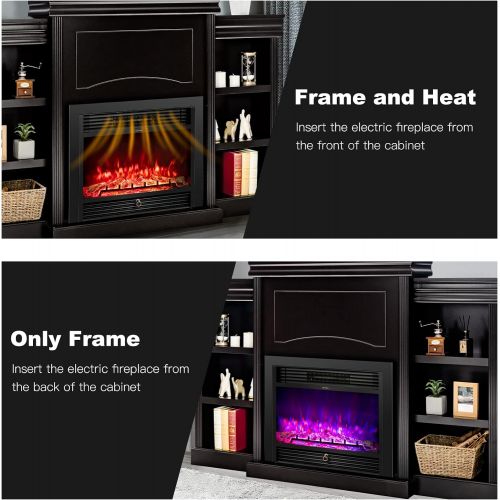  Tangkula 70 Mantel Fireplace, 750W/1500W Electric Fireplace w/ Mantel & Built-in Bookshelves, 28.5-Inch Electric Fireplace w/ Remote Control, 1-8H Timer, Adjustable Flame Brightnes