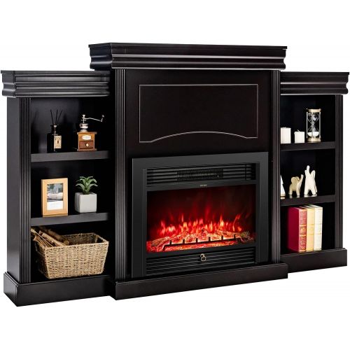  Tangkula 70 Mantel Fireplace, 750W/1500W Electric Fireplace w/ Mantel & Built-in Bookshelves, 28.5-Inch Electric Fireplace w/ Remote Control, 1-8H Timer, Adjustable Flame Brightnes