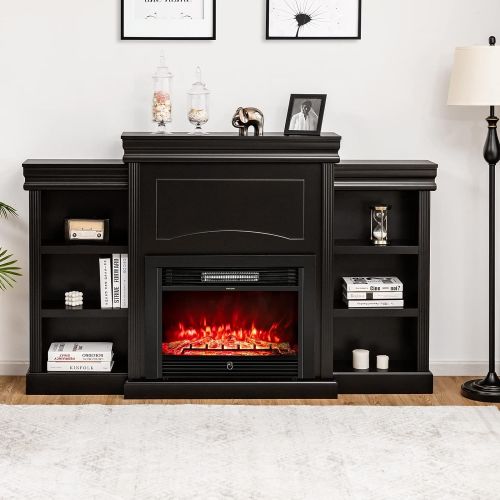  Tangkula 70 Mantel Fireplace, 750W/1500W Electric Fireplace w/ Mantel & Built-in Bookshelves, 28.5-Inch Electric Fireplace w/ Remote Control, 1-8H Timer, Adjustable Flame Brightnes