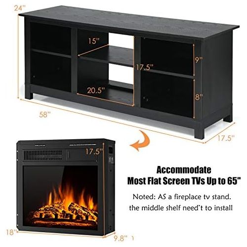  Tangkula Fireplace TV Stand for TVs up to 65 Inches, 58 Inches Media Console Table w/ Fireplace, 1500W Electric Fireplace Stove TV Storage Cabinet w/Remote Control, Adjustable Brig