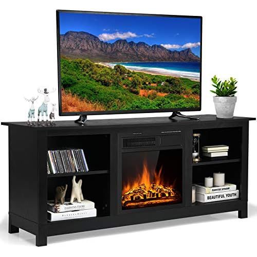  Tangkula Fireplace TV Stand for TVs up to 65 Inches, 58 Inches Media Console Table w/ Fireplace, 1500W Electric Fireplace Stove TV Storage Cabinet w/Remote Control, Adjustable Brig