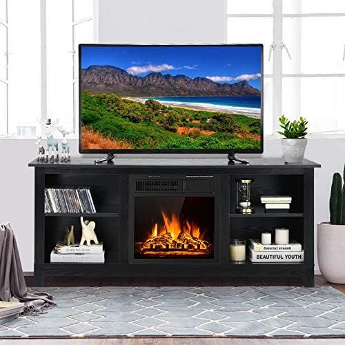  Tangkula Fireplace TV Stand for TVs up to 65 Inches, 58 Inches Media Console Table w/ Fireplace, 1500W Electric Fireplace Stove TV Storage Cabinet w/Remote Control, Adjustable Brig