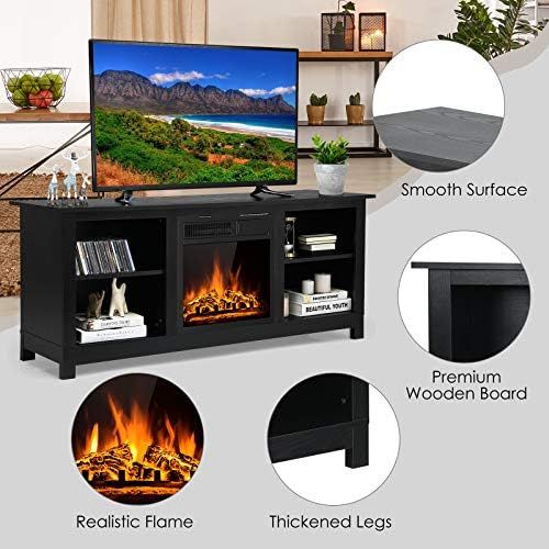  Tangkula Fireplace TV Stand for TVs up to 65 Inches, 58 Inches Media Console Table w/ Fireplace, 1500W Electric Fireplace Stove TV Storage Cabinet w/Remote Control, Adjustable Brig