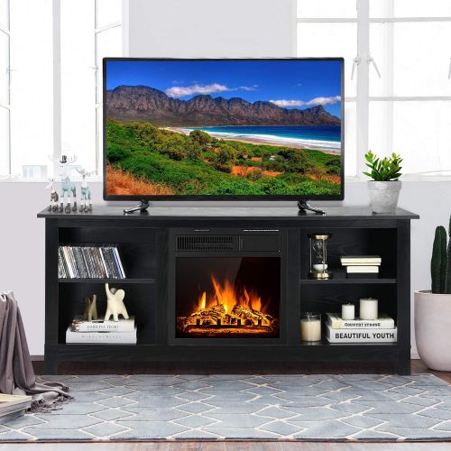  Tangkula Fireplace TV Stand for TVs up to 65 Inches, 58 Inches Media Console Table w/ Fireplace, 1500W Electric Fireplace Stove TV Storage Cabinet w/Remote Control, Adjustable Brig