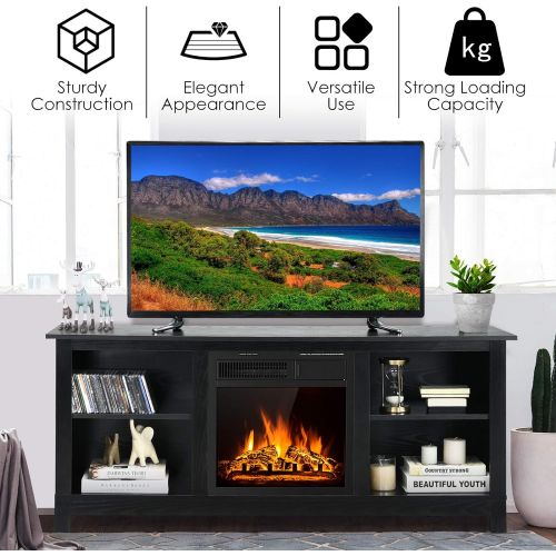  Tangkula Fireplace TV Stand for TVs up to 65 Inches, 58 Inches Media Console Table w/ Fireplace, 1500W Electric Fireplace Stove TV Storage Cabinet w/Remote Control, Adjustable Brig
