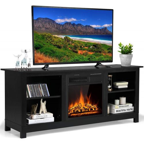  Tangkula Fireplace TV Stand for TVs up to 65 Inches, 58 Inches Media Console Table w/ Fireplace, 1500W Electric Fireplace Stove TV Storage Cabinet w/Remote Control, Adjustable Brig