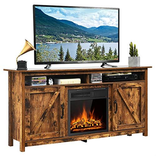  Tangkula Industrial Fireplace TV Stand for TVs Up to 65 Inches, Entertainment Center w/ 1500W Fireplace, Fireplace Media Console Table, Electric Heater w/ Adjustable Brightness & R