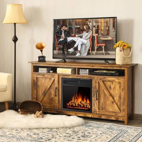  Tangkula Industrial Fireplace TV Stand for TVs Up to 65 Inches, Entertainment Center w/ 1500W Fireplace, Fireplace Media Console Table, Electric Heater w/ Adjustable Brightness & R