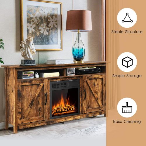  Tangkula Industrial Fireplace TV Stand for TVs Up to 65 Inches, Entertainment Center w/ 1500W Fireplace, Fireplace Media Console Table, Electric Heater w/ Adjustable Brightness & R