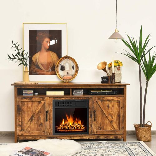  Tangkula Industrial Fireplace TV Stand for TVs Up to 65 Inches, Entertainment Center w/ 1500W Fireplace, Fireplace Media Console Table, Electric Heater w/ Adjustable Brightness & R