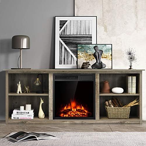  Tangkula Fireplace TV Stand, Entertainment Center w/22.5 Inches Electric Fireplace, Television Stand for TV Up to 75 Inches, Heater with Remote Control & Adjustable Brightness (Gre
