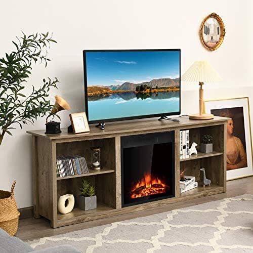  Tangkula Fireplace TV Stand, Entertainment Center w/22.5 Inches Electric Fireplace, Television Stand for TV Up to 75 Inches, Heater with Remote Control & Adjustable Brightness (Gre