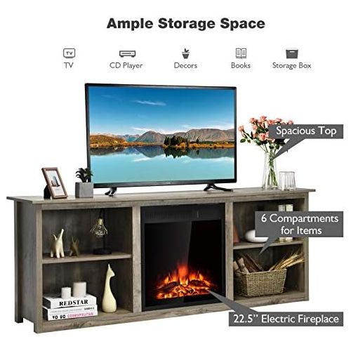  Tangkula Fireplace TV Stand, Entertainment Center w/22.5 Inches Electric Fireplace, Television Stand for TV Up to 75 Inches, Heater with Remote Control & Adjustable Brightness (Gre