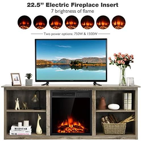  Tangkula Fireplace TV Stand, Entertainment Center w/22.5 Inches Electric Fireplace, Television Stand for TV Up to 75 Inches, Heater with Remote Control & Adjustable Brightness (Gre