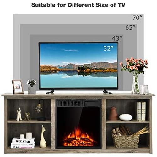  Tangkula Fireplace TV Stand, Entertainment Center w/22.5 Inches Electric Fireplace, Television Stand for TV Up to 75 Inches, Heater with Remote Control & Adjustable Brightness (Gre