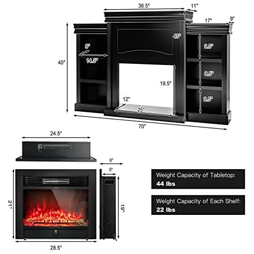  Tangkula 70 Mantel Fireplace TV Stand, 750W/1500W Electric Fireplace Heater Insert Cabinet w/ Remote Control, 1-8H Timer, 5-Brightness & 3-Color Flame, Media Console Center w/ Open