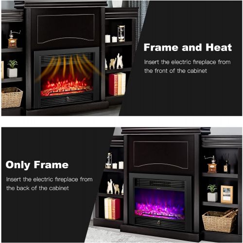  Tangkula 70 Mantel Fireplace TV Stand, 750W/1500W Electric Fireplace Heater Insert Cabinet w/ Remote Control, 1-8H Timer, 5-Brightness & 3-Color Flame, Media Console Center w/ Open