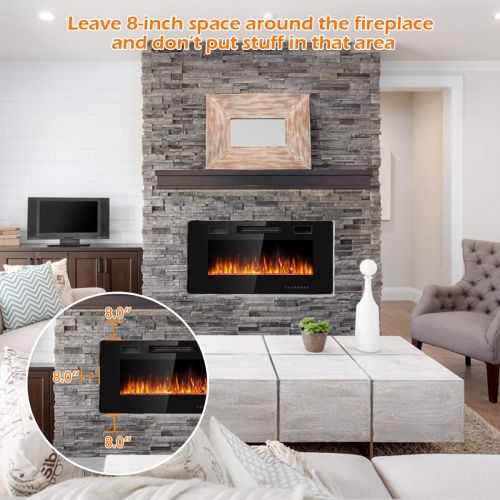  Tangkula 36 Inches Recessed Electric Fireplace, in-Wall & Wall Mounted Electric Heater with Adjustable Flame Color & Speed, Remote Control, Touch Screen, 750-1500W (36 Inches)