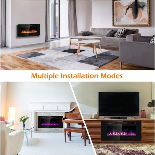  Tangkula 36 Inches Recessed Electric Fireplace, in-Wall & Wall Mounted Electric Heater with Adjustable Flame Color & Speed, Remote Control, Touch Screen, 750-1500W (36 Inches)