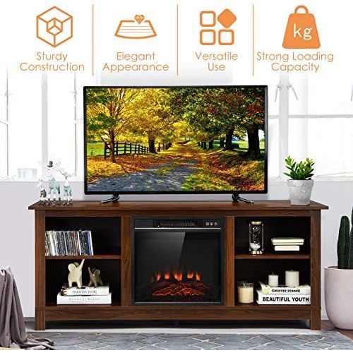  Tangkula Fireplace TV Stand, 1400W Electric Fireplace Stove TV Console Center for TVs up to 65 Inches, Home Media Stand w/ Fireplace, Remote Control & Adjustable Brightness for Liv