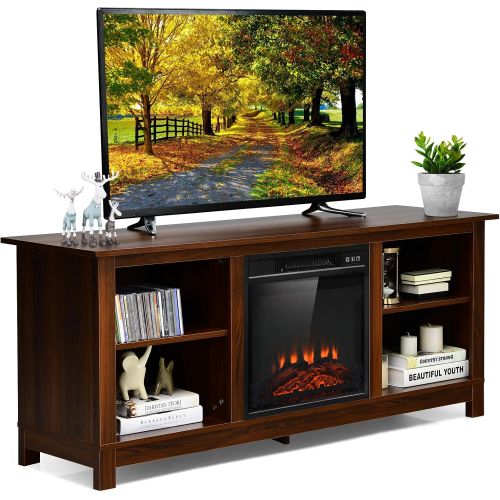  Tangkula Fireplace TV Stand, 1400W Electric Fireplace Stove TV Console Center for TVs up to 65 Inches, Home Media Stand w/ Fireplace, Remote Control & Adjustable Brightness for Liv