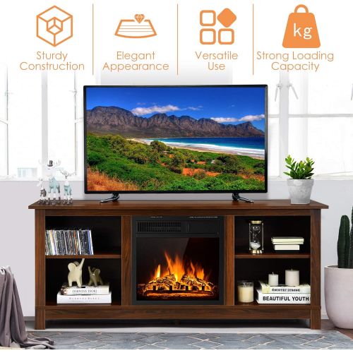  Tangkula Fireplace TV Stand for TVs up to 65 Inches, 58 Inches Media Console Table w/ Fireplace, 1500W Electric Fireplace Stove TV Storage Cabinet w/Remote Control, Adjustable Brig