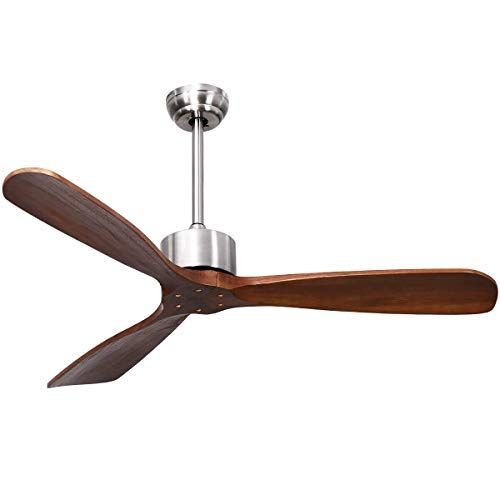  Tangkula 52 Ceiling Fan, Outdoor Indoor Ceiling Fan with Remote Control, 3 Solid Wood Blades, Noiseless Reversible Motor, 5-speed, Easy Install System (Nickel)