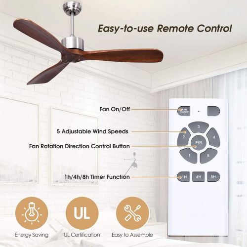  Tangkula 52 Ceiling Fan, Outdoor Indoor Ceiling Fan with Remote Control, 3 Solid Wood Blades, Noiseless Reversible Motor, 5-speed, Easy Install System (Nickel)