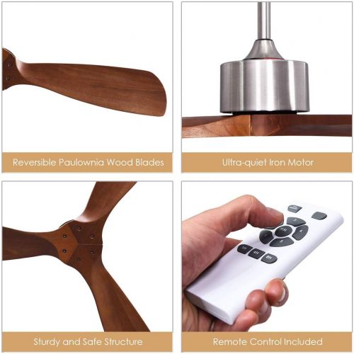  Tangkula 52 Ceiling Fan, Outdoor Indoor Ceiling Fan with Remote Control, 3 Solid Wood Blades, Noiseless Reversible Motor, 5-speed, Easy Install System (Nickel)