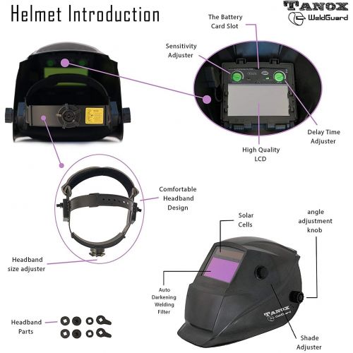  Tanox Auto Darkening Solar Powered Welding Helmet ADF-206S: Shade Lens, Tig Mig MMA, Adjustable Range 49-13, Grinding 0000, Plus 16 Inch Kevlar Fire Retardant Welding Gloves