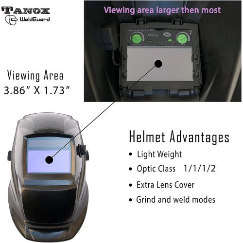  Tanox Auto Darkening Solar Powered Welding Helmet ADF-206S: Shade Lens, Tig Mig MMA, Adjustable Range 49-13, Grinding 0000, Plus 16 Inch Kevlar Fire Retardant Welding Gloves