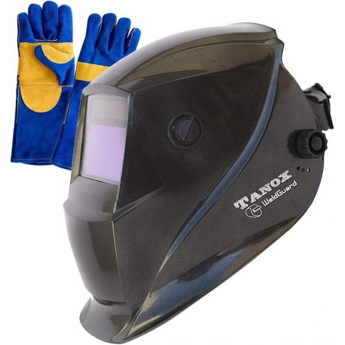  Tanox Auto Darkening Solar Powered Welding Helmet ADF-206S: Shade Lens, Tig Mig MMA, Adjustable Range 49-13, Grinding 0000, Plus 16 Inch Kevlar Fire Retardant Welding Gloves