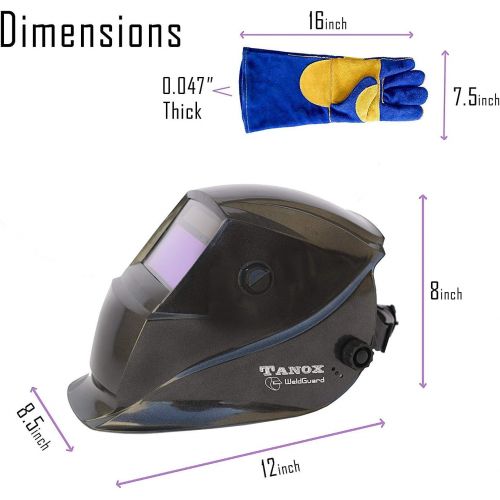  Tanox Auto Darkening Solar Powered Welding Helmet ADF-206S: Shade Lens, Tig Mig MMA, Adjustable Range 49-13, Grinding 0000, Plus 16 Inch Kevlar Fire Retardant Welding Gloves