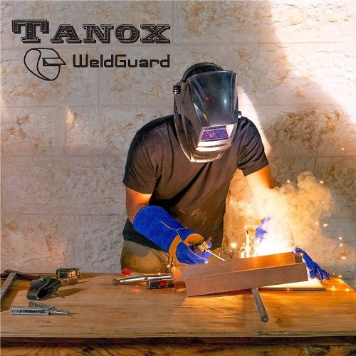  Tanox Auto Darkening Solar Powered Welding Helmet ADF-206S: Shade Lens, Tig Mig MMA, Adjustable Range 49-13, Grinding 0000, Plus 16 Inch Kevlar Fire Retardant Welding Gloves