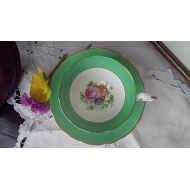 Tantiqi Radfords China Green Teacup and Saucer, Pink Roses, Blue Floral, Gold Trim, Wide Mouth Teacup, Gift for Her, Valentines Day Gift