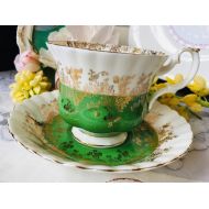 Tantiqi Royal Albert Teacup and Saucer, Regal Series Green with Gold Floral Filigree, Vintage China, Gift for Her, Hostess Gift, Christmas Gift