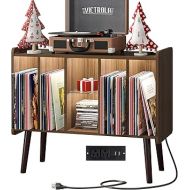 LED Record Player Stand, Vinyl Record Stand, Record Player Stand with Storage, Mid Century Modern Record Player Stand, Record Player Cabinet with Power Outlet for Living Room, Bedroom