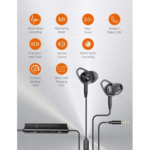  [아마존 핫딜] [아마존핫딜]TaoTronics Active Noise Cancelling Headphones [Upgraded] Wired Earbuds In Ear Stereo Awareness Monitor Earphones with Microphone (15 Hours Playtime, 3.5mm Jack, Black)