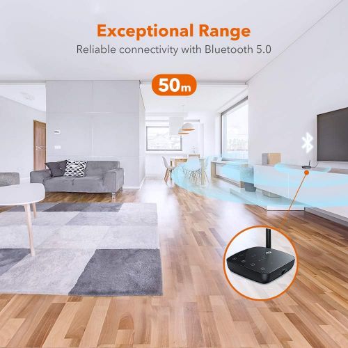  [아마존 핫딜] [아마존핫딜]TaoTronics Long Range Bluetooth 5.0 Transmitter Receiver for TV, Wireless Audio Adapter for Home Stereos, aptX Low Latency, aptX HD, Optical Digital, Aux & RCA, Pairs Two Headphone