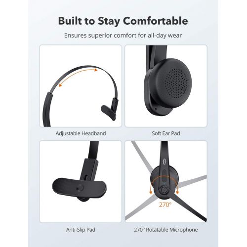  [아마존 핫딜] TaoTronics Trucker Bluetooth Headset with Microphone, Wireless Headset Noise Cancelling Mic, On Ear Bluetooth Headphones Noise Reduction, Bluetooth 5.0, 34H for Truck Driver Office