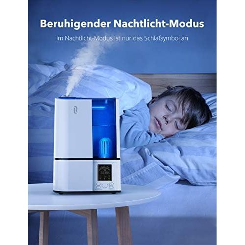  TaoTronics Luftbefeuchter Schlafzimmer Ultraschall Raumbefeuchter 4L mit LED-Anzeige und Timer Air Humidifier fuer Baby Kinderzimmer bis 35m² mit Schlafmodus Niedrigwasserschutz 360