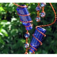 Tapestryarabianfarm Set of 2 Little Blue Spirit Bottles With Copper Wire Wrapped Iridescent Blue Glass Marble Prisms, Garden Decor