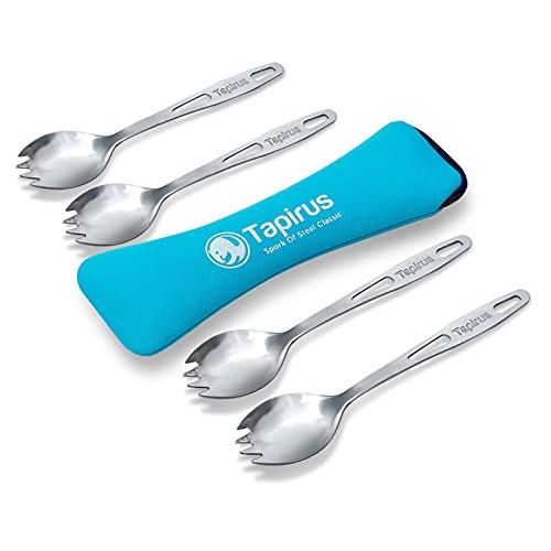  Tapirus Stainless Steel Classic Sporks Set of 4 - Save Space When Camping, Hiking or Backpacking - Heavy Duty Fire Proof Metal Tool - Long Handle, Reusable and Extra Light for Trav