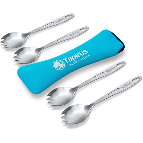  Tapirus Stainless Steel Classic Sporks Set of 4 - Save Space When Camping, Hiking or Backpacking - Heavy Duty Fire Proof Metal Tool - Long Handle, Reusable and Extra Light for Trav