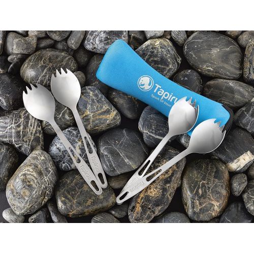  Tapirus Stainless Steel Classic Sporks Set of 4 - Save Space When Camping, Hiking or Backpacking - Heavy Duty Fire Proof Metal Tool - Long Handle, Reusable and Extra Light for Trav
