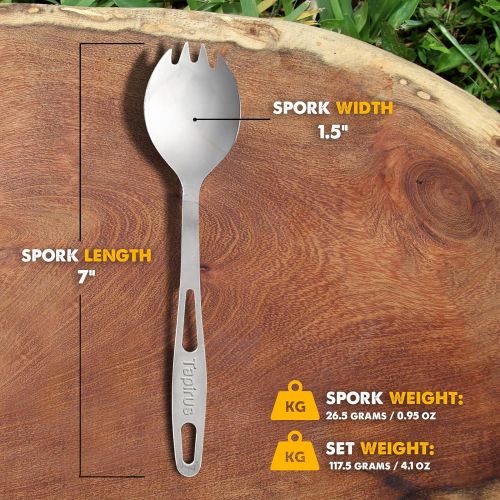  Tapirus Stainless Steel Classic Sporks Set of 4 - Save Space When Camping, Hiking or Backpacking - Heavy Duty Fire Proof Metal Tool - Long Handle, Reusable and Extra Light for Trav