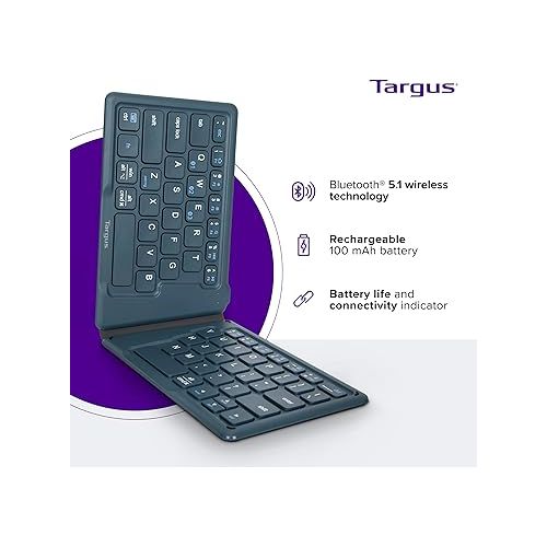 타거스 Targus Ergonomic Foldable Bluetooth Keyboard, Split Travel Keyboard Wireless, Rechargeable Portable Wireless Keyboard for Android iPhone Microsoft & Apple Tablets, Blue (PKF00302US),Black