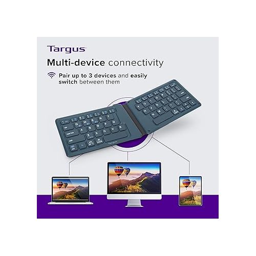 타거스 Targus Ergonomic Foldable Bluetooth Keyboard, Split Travel Keyboard Wireless, Rechargeable Portable Wireless Keyboard for Android iPhone Microsoft & Apple Tablets, Blue (PKF00302US),Black