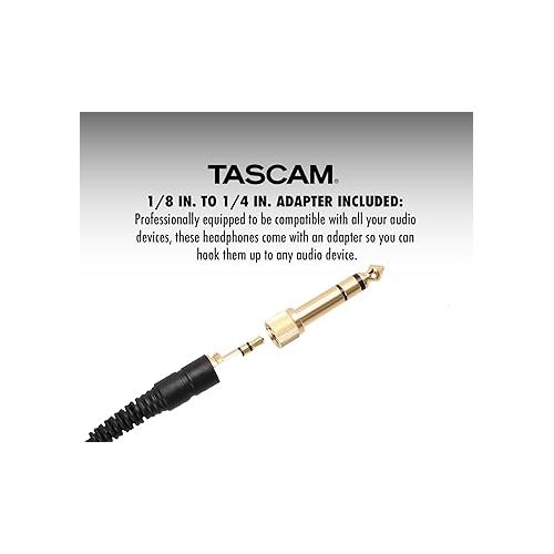  Tascam TH-03 Studio Headphones - Closed Back, Padded, Adjustable Pro Audio Headset with Gold Tip 1/8 inch to 1/4 inch Adaptor